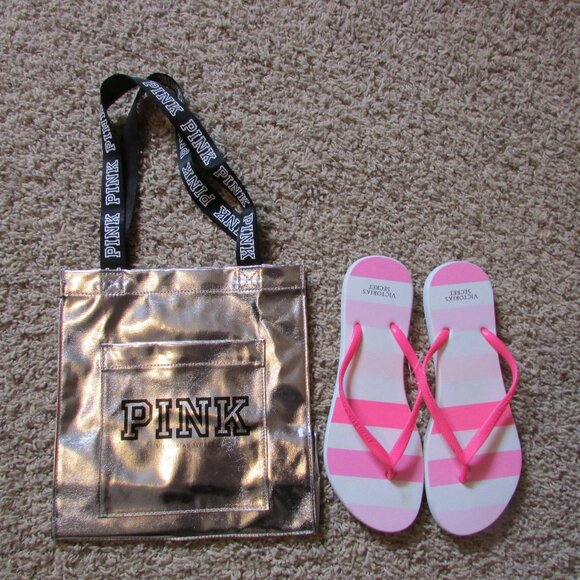 NEW Victorias Secret Pink/White Flip Flops Sandals Large & Metallic Tote Bag - Picture 1 of 2
